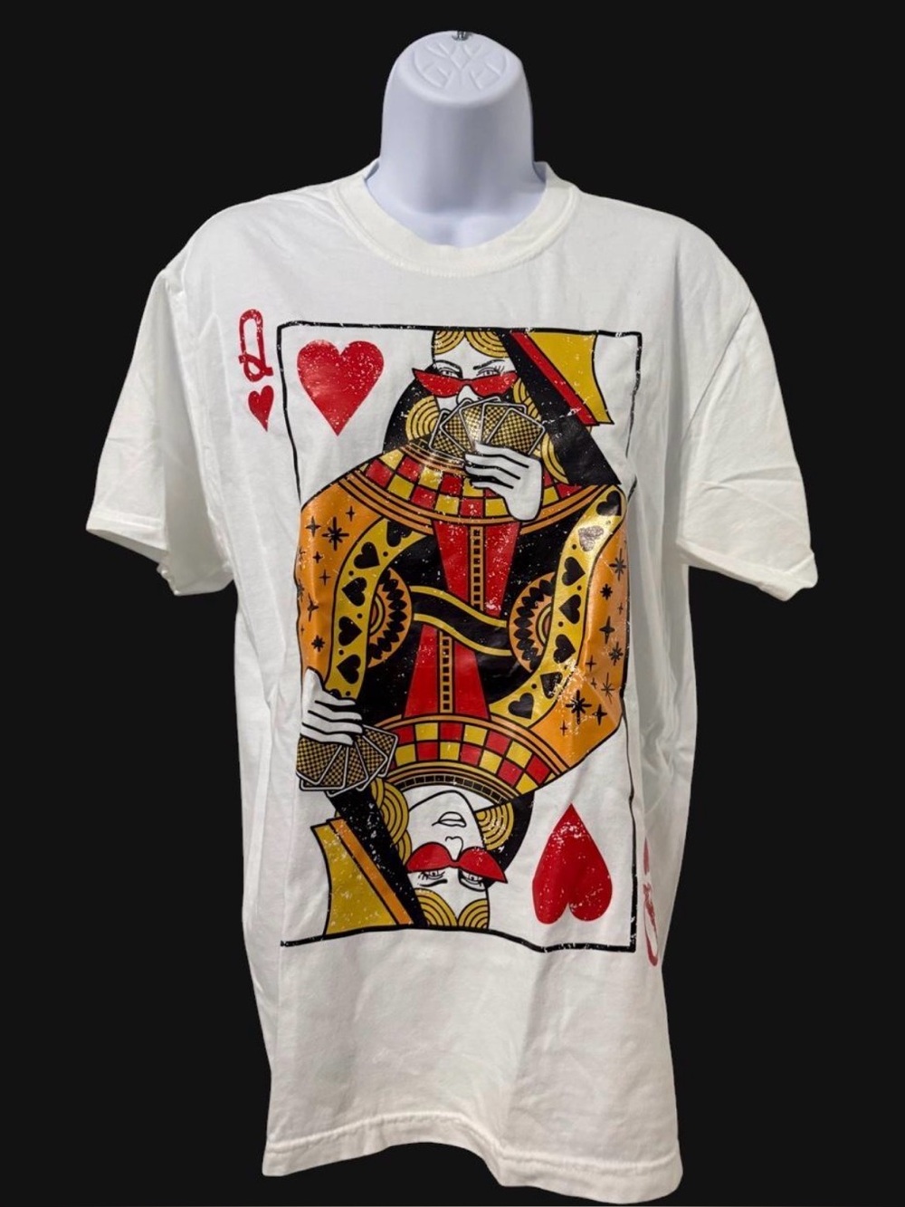 White Graphic Playing Card Queen Print T-Shirt